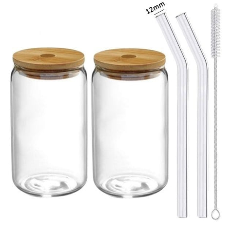 Glass cup with lid and transparent straw