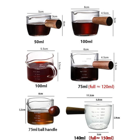 Wood Handle Glass Espresso Measuring Cup Double/Single Mouth
