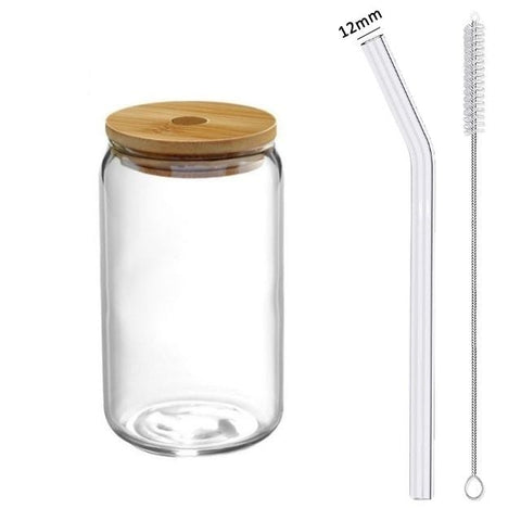 Glass cup with lid and transparent straw