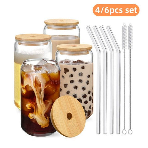 Glass cup with lid and transparent straw