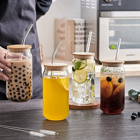 Glass cup with lid and transparent straw